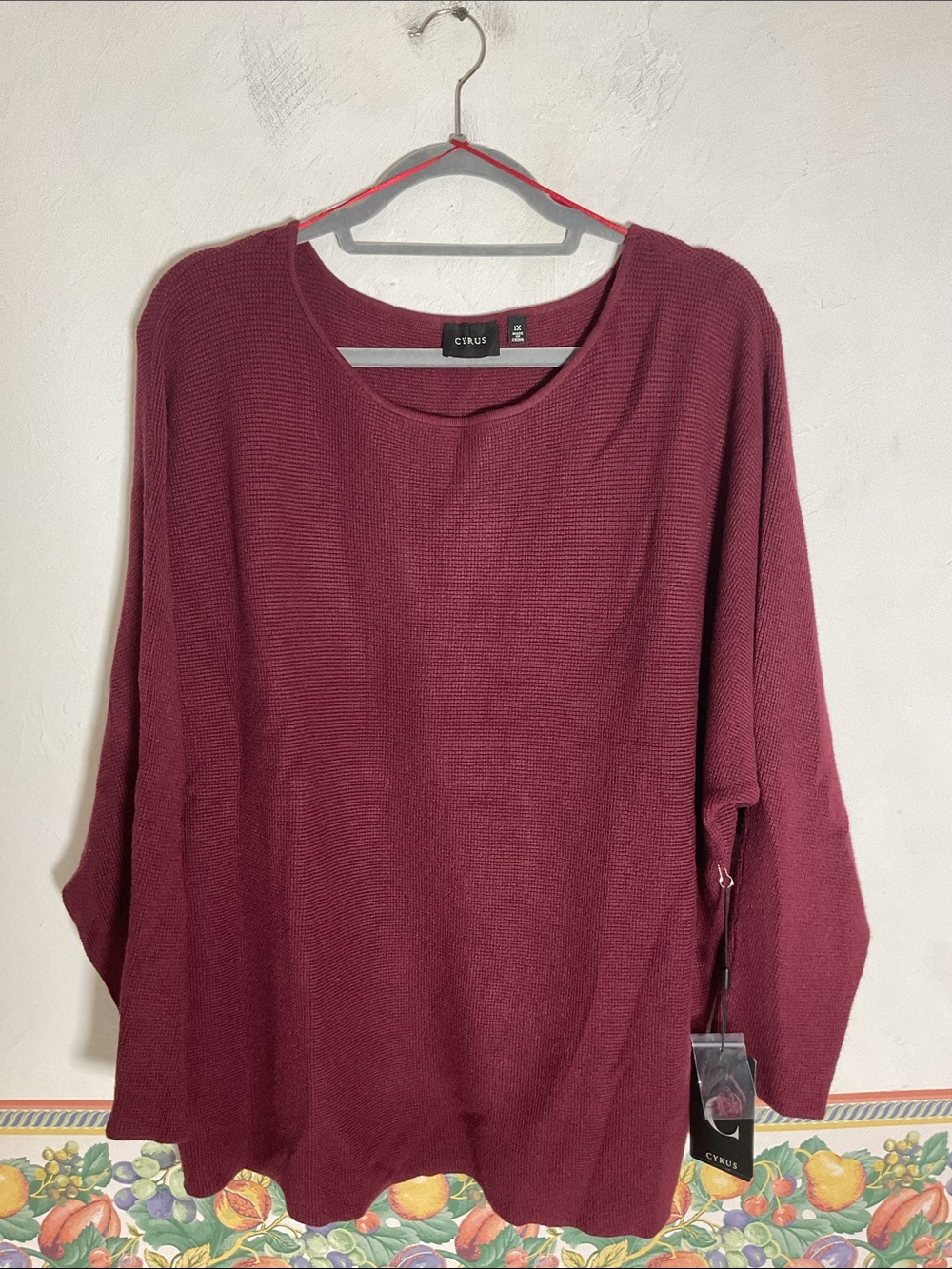 Cyrus Burgundy Red Mahogany Ribbed Knit Dolman Sleeve Sweater Size 1X NWT